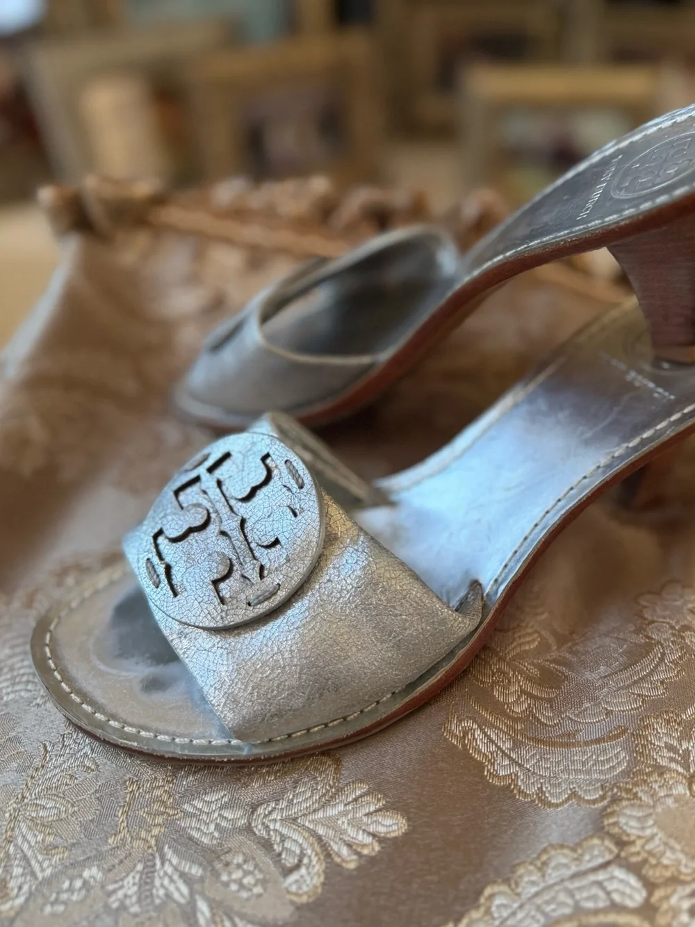 Tory Burch Metallic Silver Logo Slide Mules